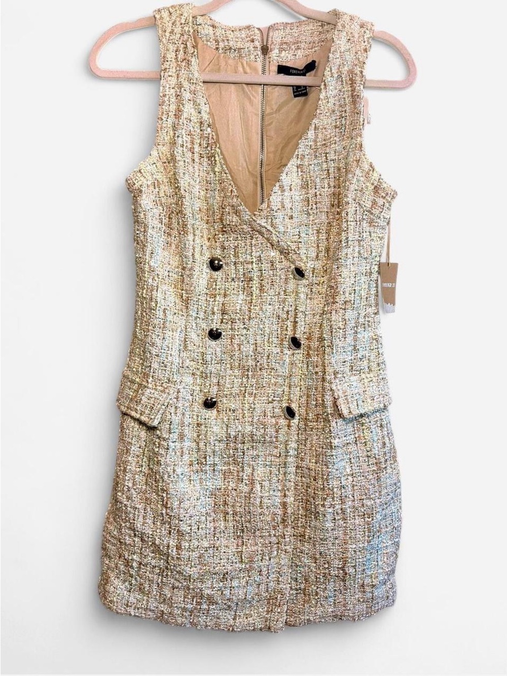 Forever 21 Metallic Beige Tweed Double-Breasted Shift Dress